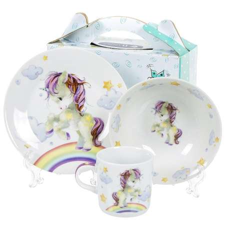 Набор детской посуды Daniks декорированной Единорог и радуга 3 предмета керамика подходит для СВЧ и ПММ