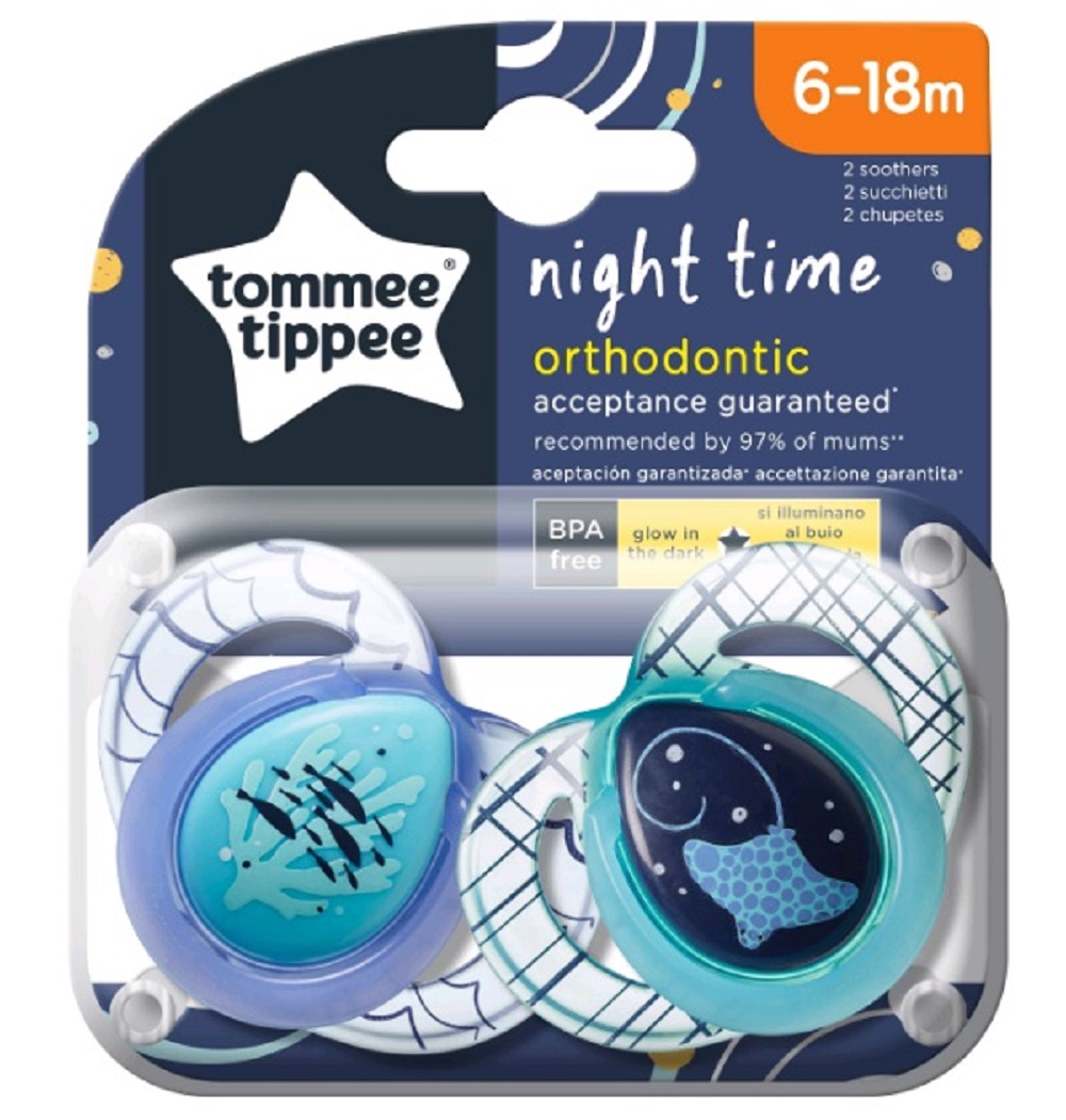 Пустышка Tommee tippee силиконовая ночная Night Time 6-18 мес. 2 шт. - фото 1