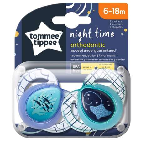 Пустышка Tommee tippee силиконовая ночная Night Time 6-18 мес. 2 шт.