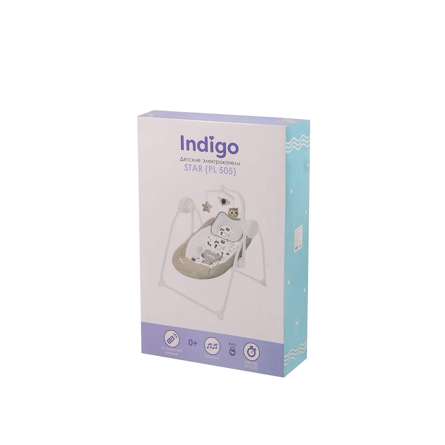 Электрокачели Indigo Star 0-9 кг с адаптером п/у 12 мелодий 5 скоростей москитка серый - фото 20