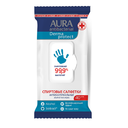 Салфетки влажные AURA Antibacterial Derma Protect антибактериальные спиртовые 40шт