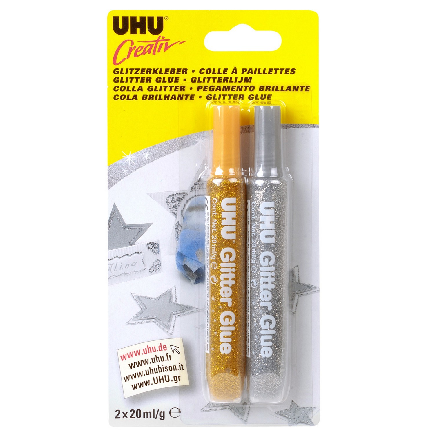 Блестки клеящие UHU Creativ glitter glue 20мл*2шт 44120 - фото 1