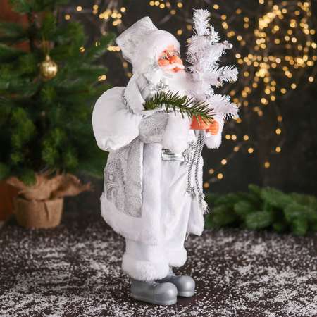 Дед мороз Зимнее волшебство «В высоком колпачке в ремешке и с мешком» 44 см серебристо-белый