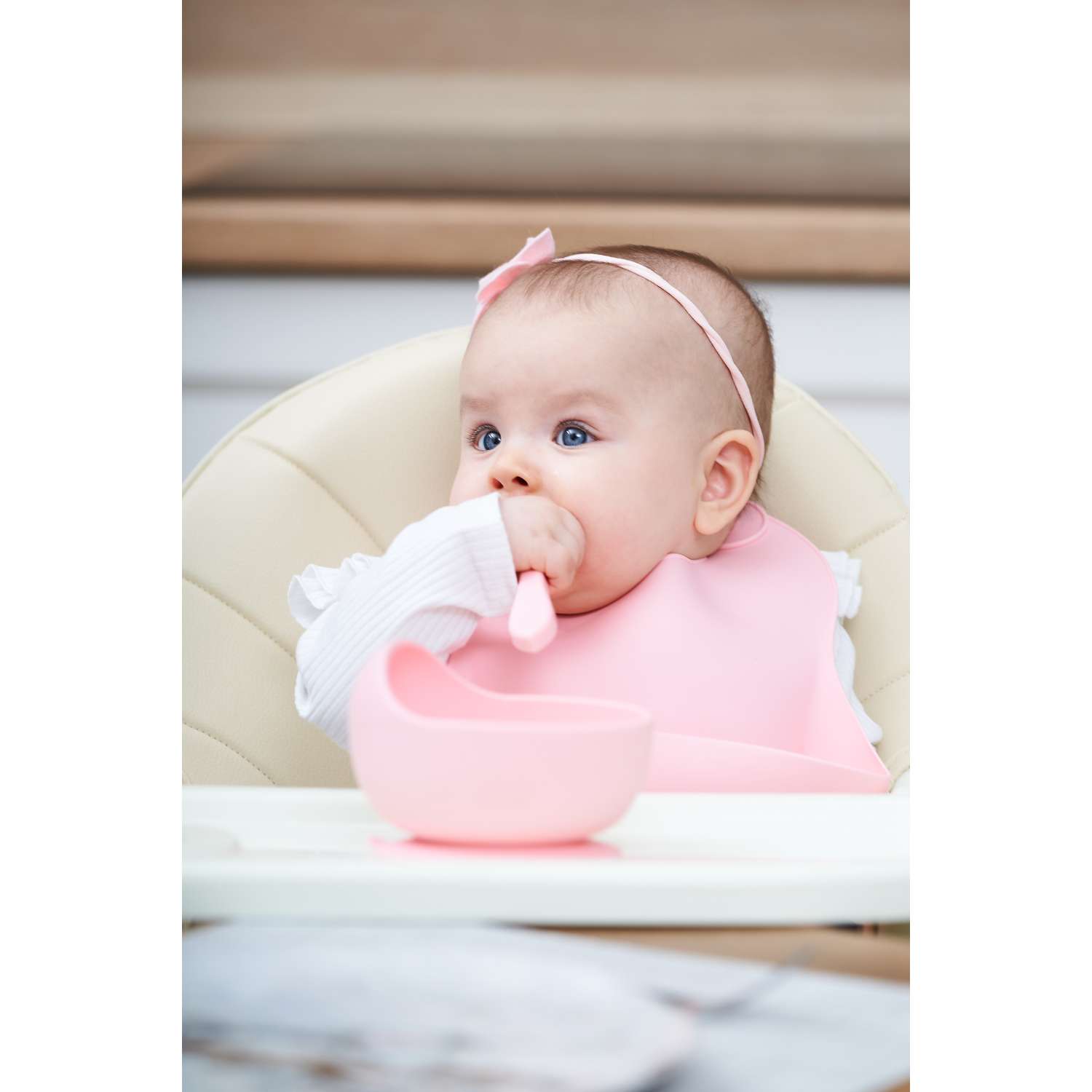 Детский силиконовый нагрудник MIKMEL для кормления мягкий с карманом и застежкой Pink - фото 9