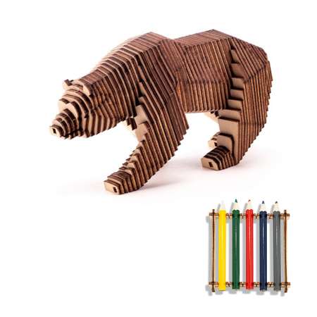 Деревянный конструктор Uniwood Медведь с набором карандашей