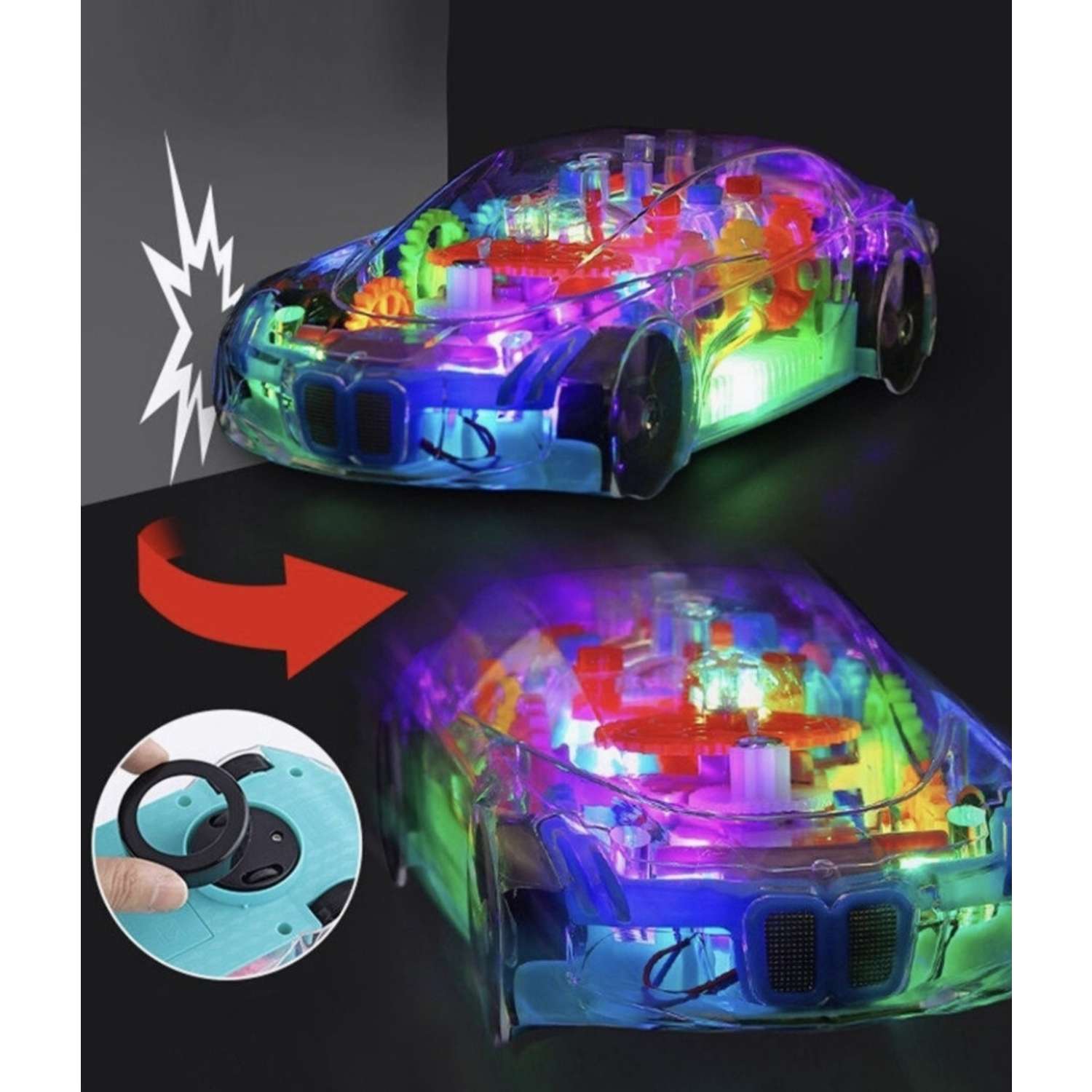 Машинка прозрачная BalaToys с шестеренками светящаяся МашинкаПрозр38848 - фото 4