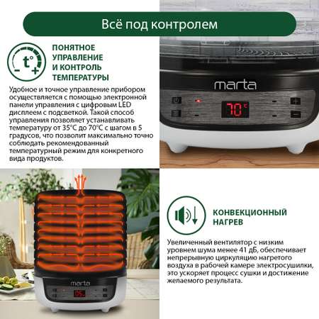 Сушилка для фруктов и овощей MARTA MFD-8208PS 10 поддонов/ 8 и 3 разборных/2 для пастилы/темный обсидиан