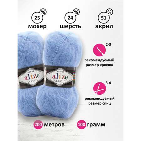 Пряжа Alize полушерстяная Mohair classic new 100 гр 200 м 5 мотков 40 голубой