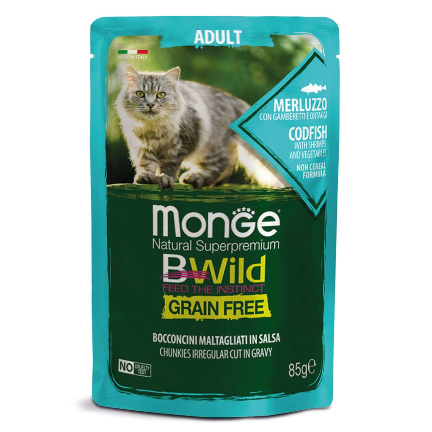 Корм для кошек MONGE Cat BWild Grain Free для взрослых беззерновой из трески с креветками и овощами пауч 85г - фото 1