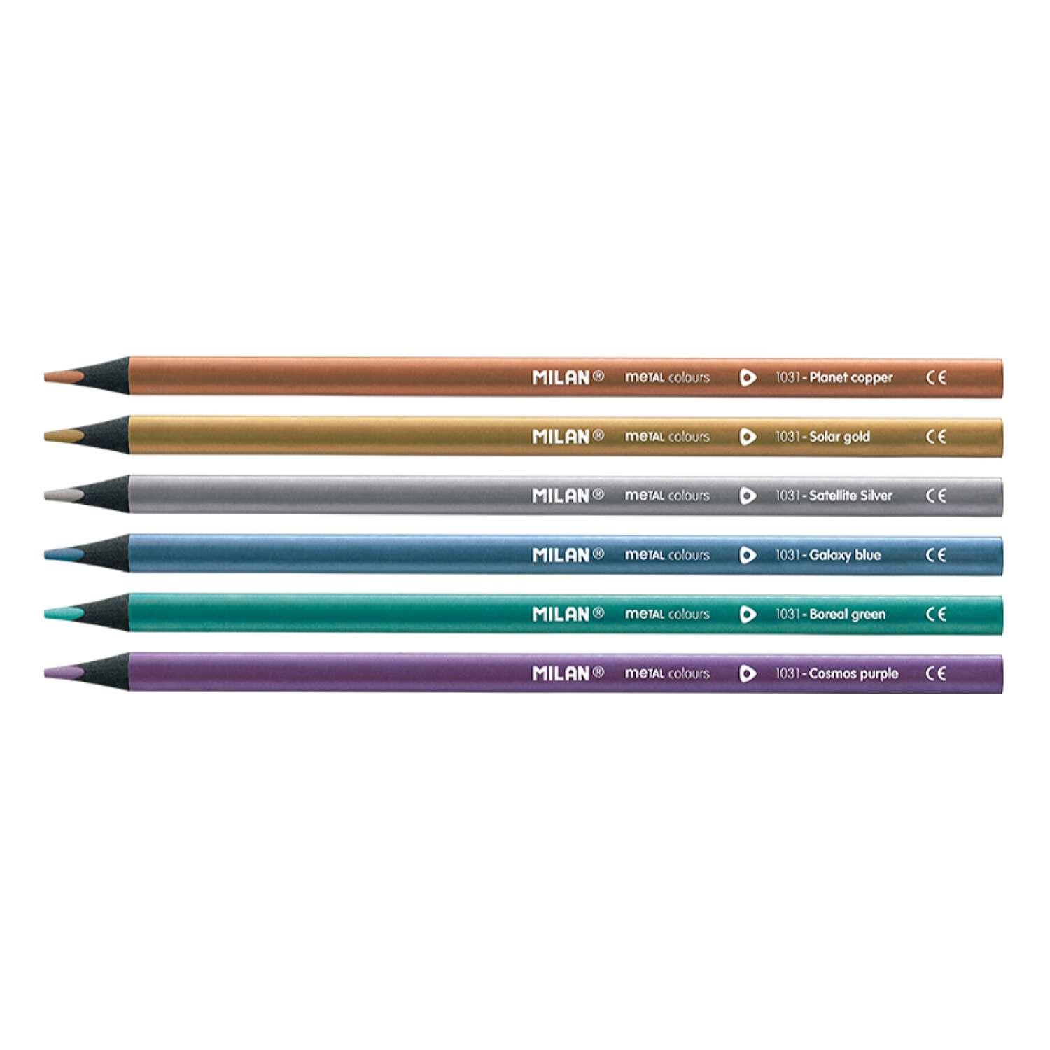 Набор цветных карандашей MILAN Metallic 6 металлических цветов трехгранный корпус в картонной упаковке - фото 2