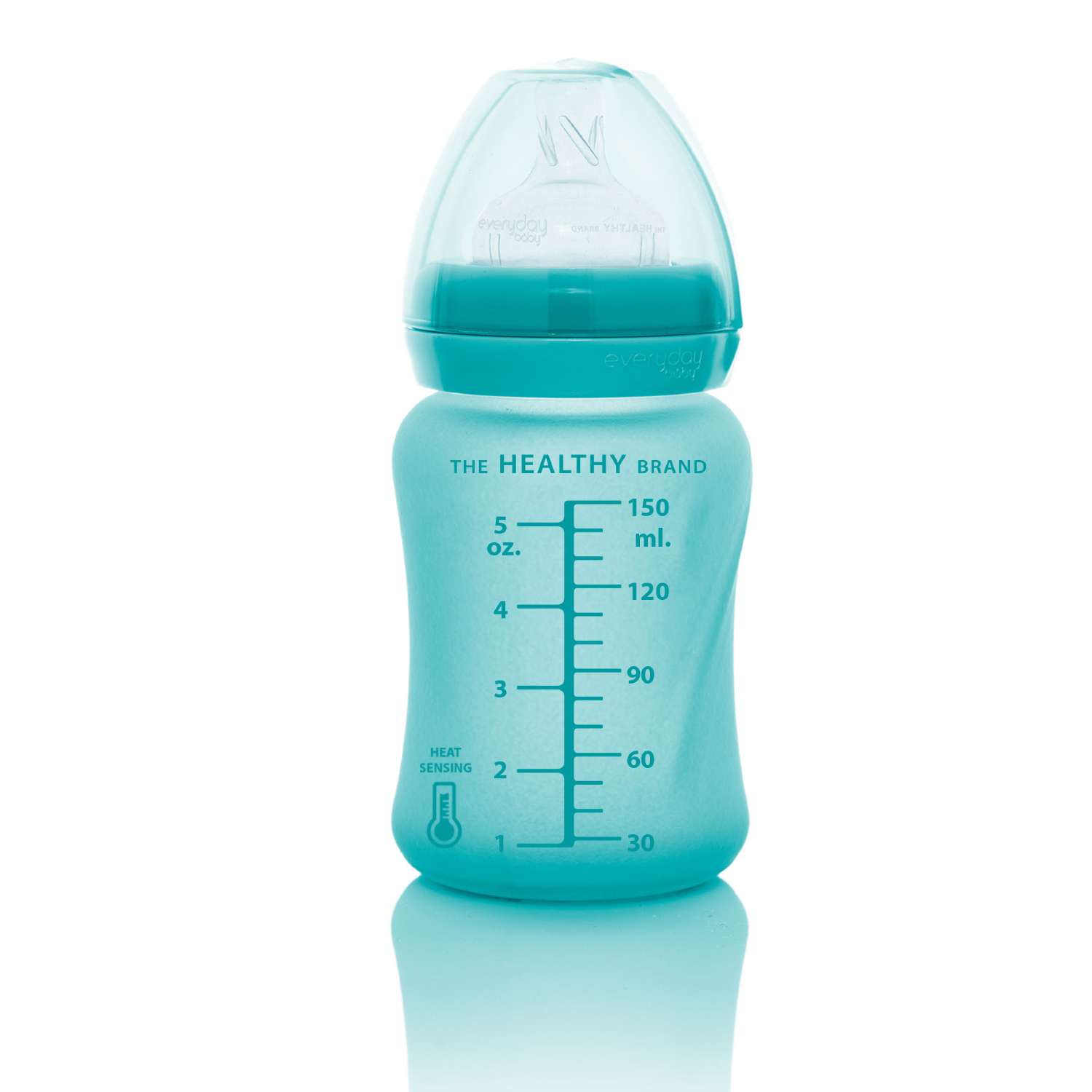 Бутылочка Everyday Baby Healthy стеклянная с индикатором температуры и силиконовым покрытием 150 мл бирюзовый - фото 2