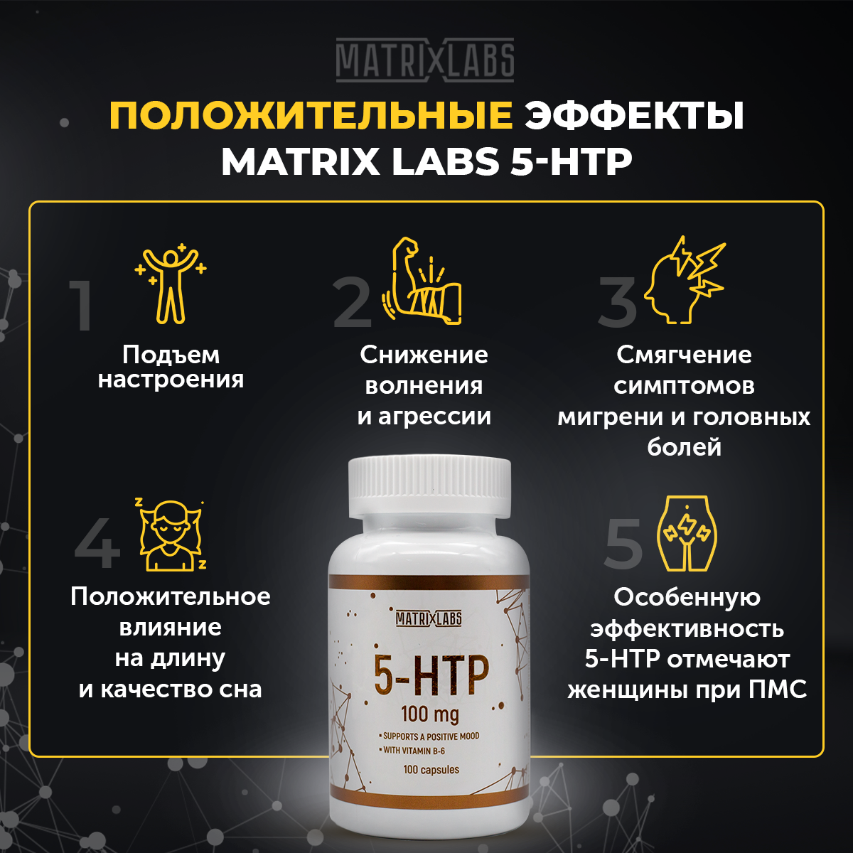 5htp 100 мг Витамины группы В 100 капсул Matrix Labs 5htp 100 мг Витамины спортивные группы В 100 капсул Matrix Labs - фото 3