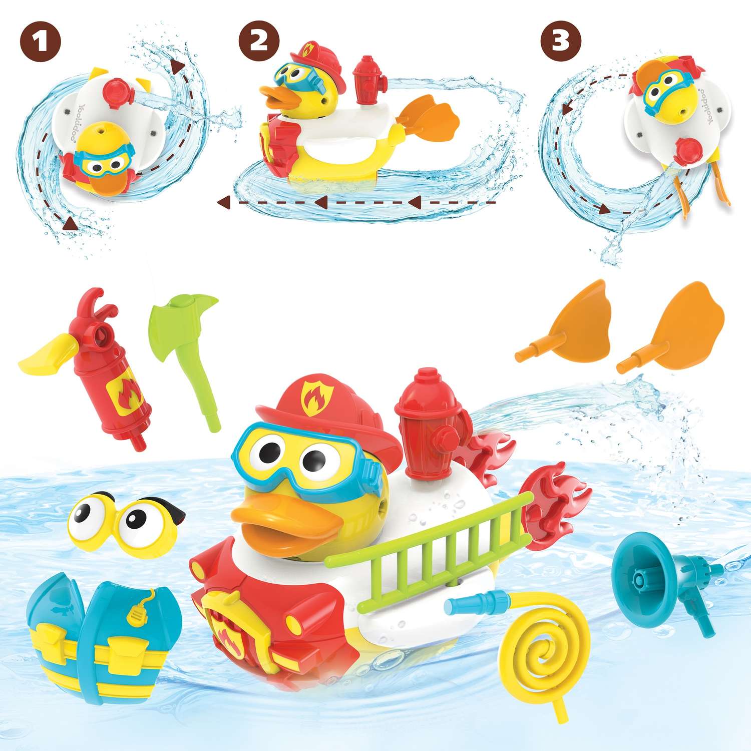 Игрушка для ванны Yookidoo Утка-пожарный с водометом и аксессуарами - фото 2