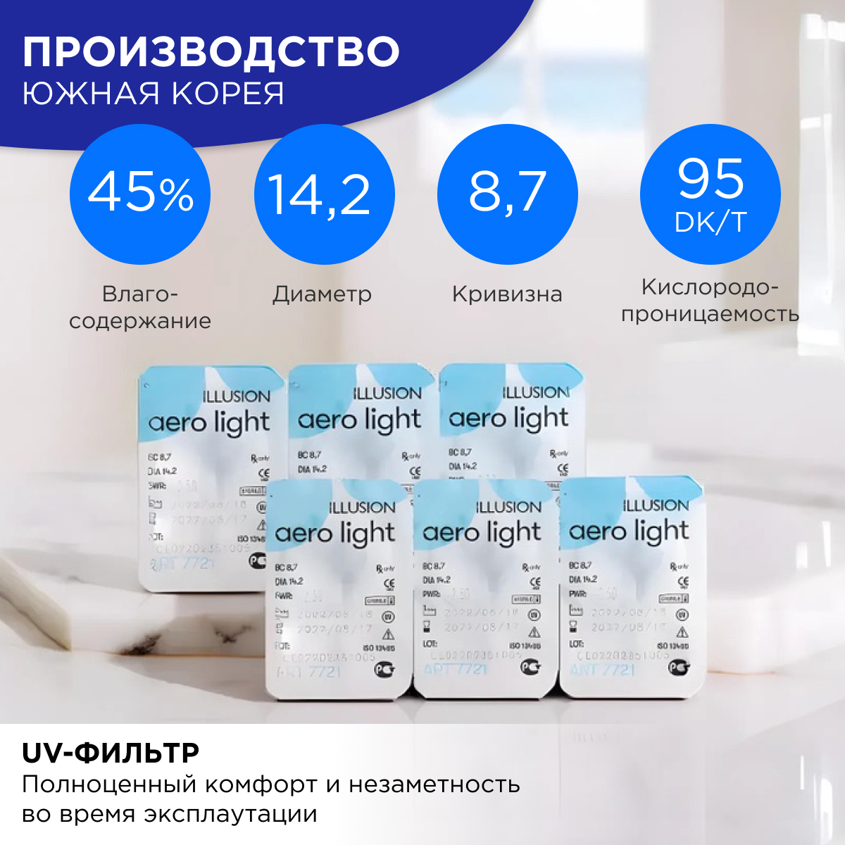 Контактные линзы ILLUSION Aero Light 2 недели -6.00 /14.2/8.7/ 6 шт - фото 4