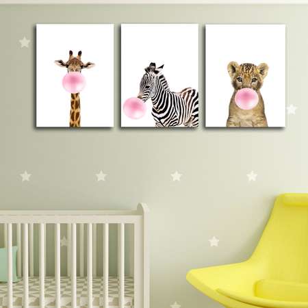 Комплект картин на холсте LOFTime Жираф зебра львенок с розовым пузырем 30*40