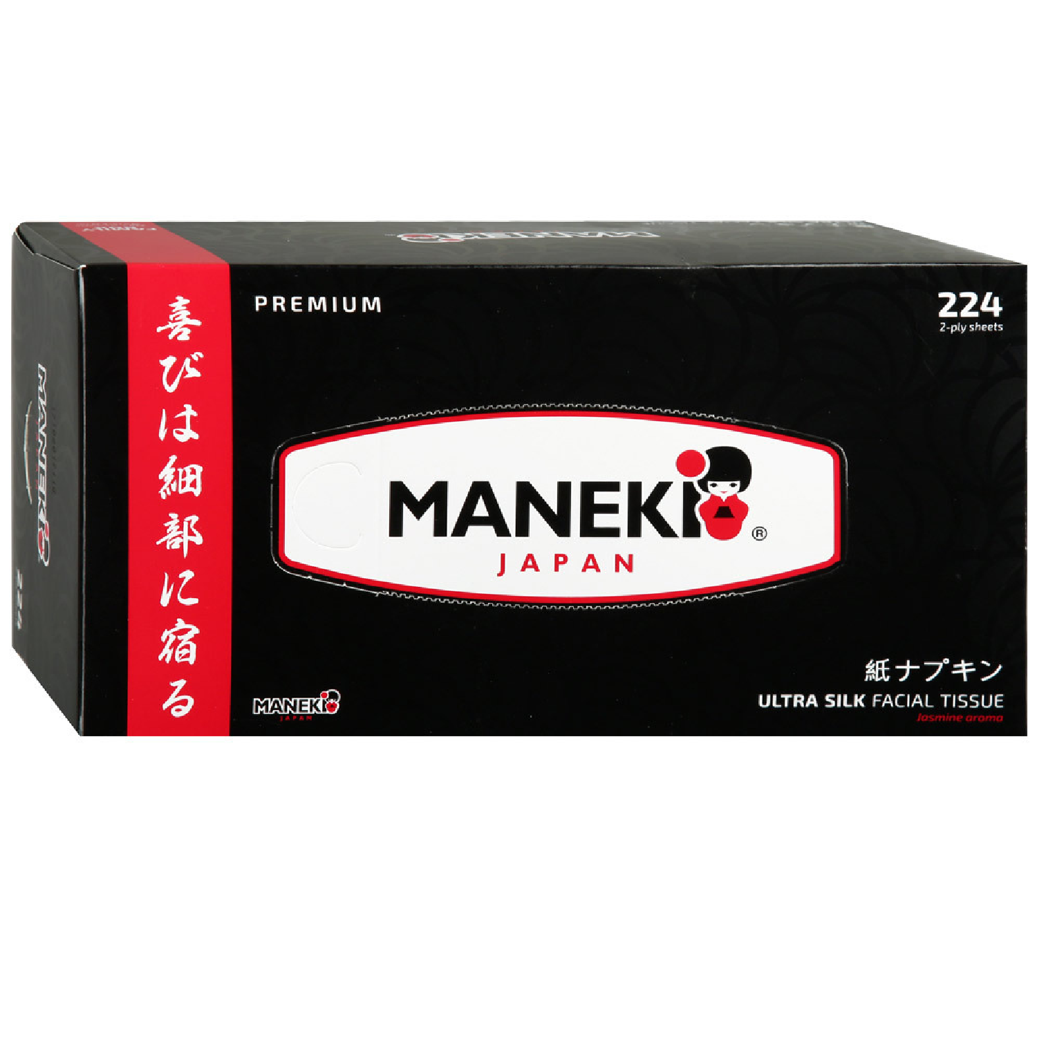 Салфетки бумажные Maneki B_W Black с ароматом жасмина 2 слоя черные 224 шт - фото 1