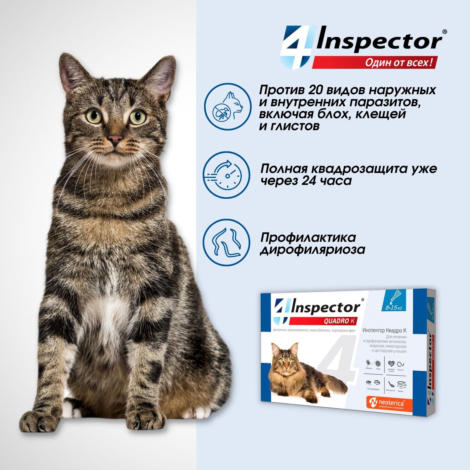 Капли для кошек Inspector Quadro 8-15кг от наружных и внутренних паразитов 1.5мл - фото 3