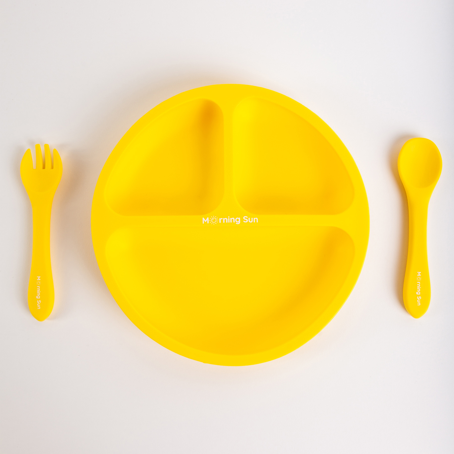 Набор детской посуды Morning Sun силиконовый секционная тарелка ложка вилка желтый - фото 1