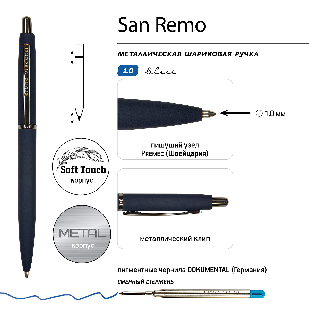 Ручка шариковая Bruno Visconti темно-синий 1 мм синий в металическом черном футляре - фото 4