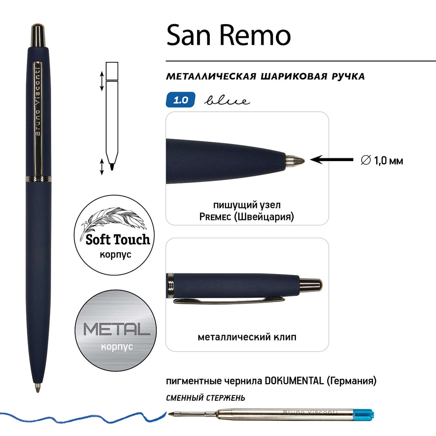 Ручка шариковая Bruno Visconti Автоматическая SAN REMO цвет корпуса темно-синий 1 мм синий в металическом черном футляре - фото 4