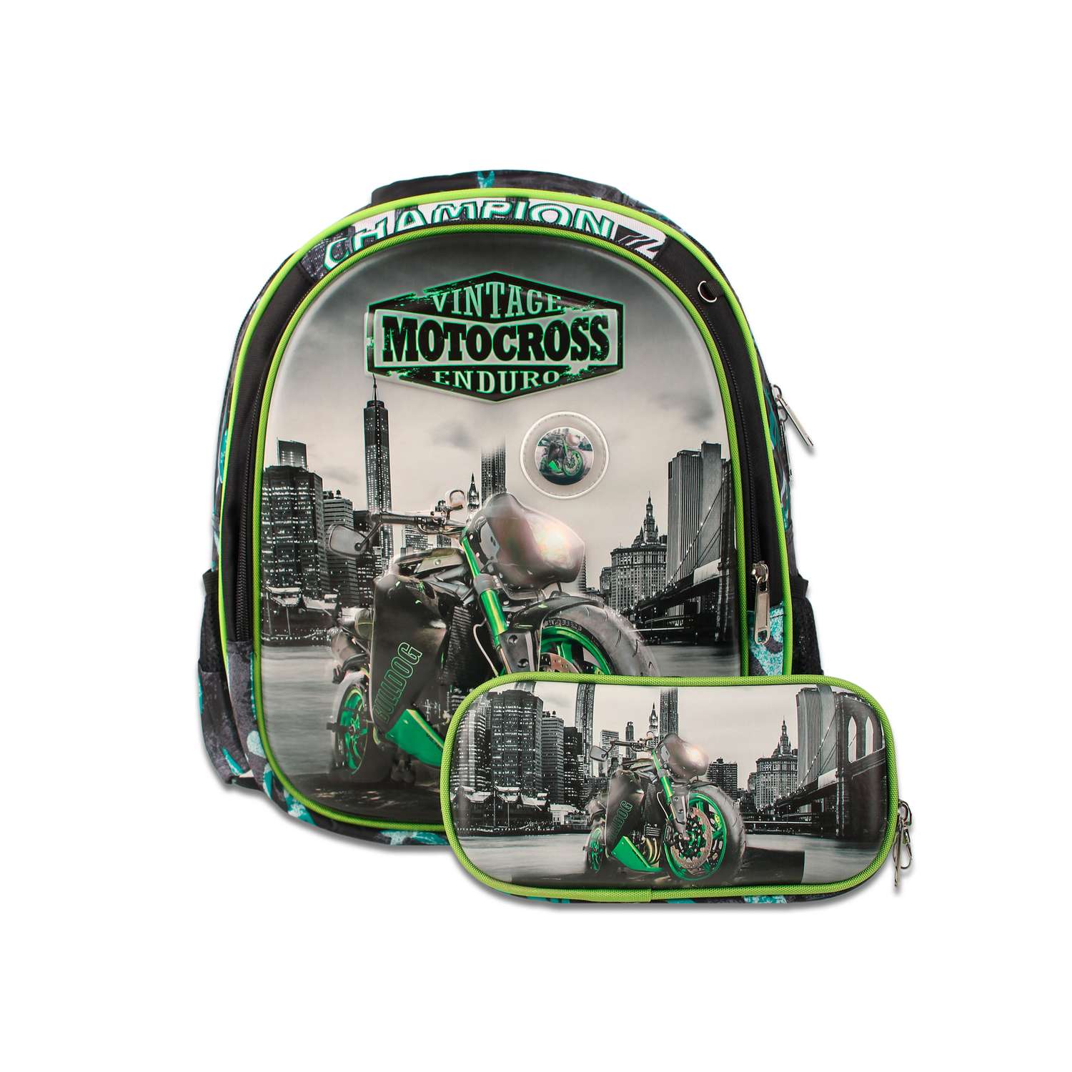 Рюкзак школьный с пеналом Little Mania Мотоциклы зеленый - фото 1