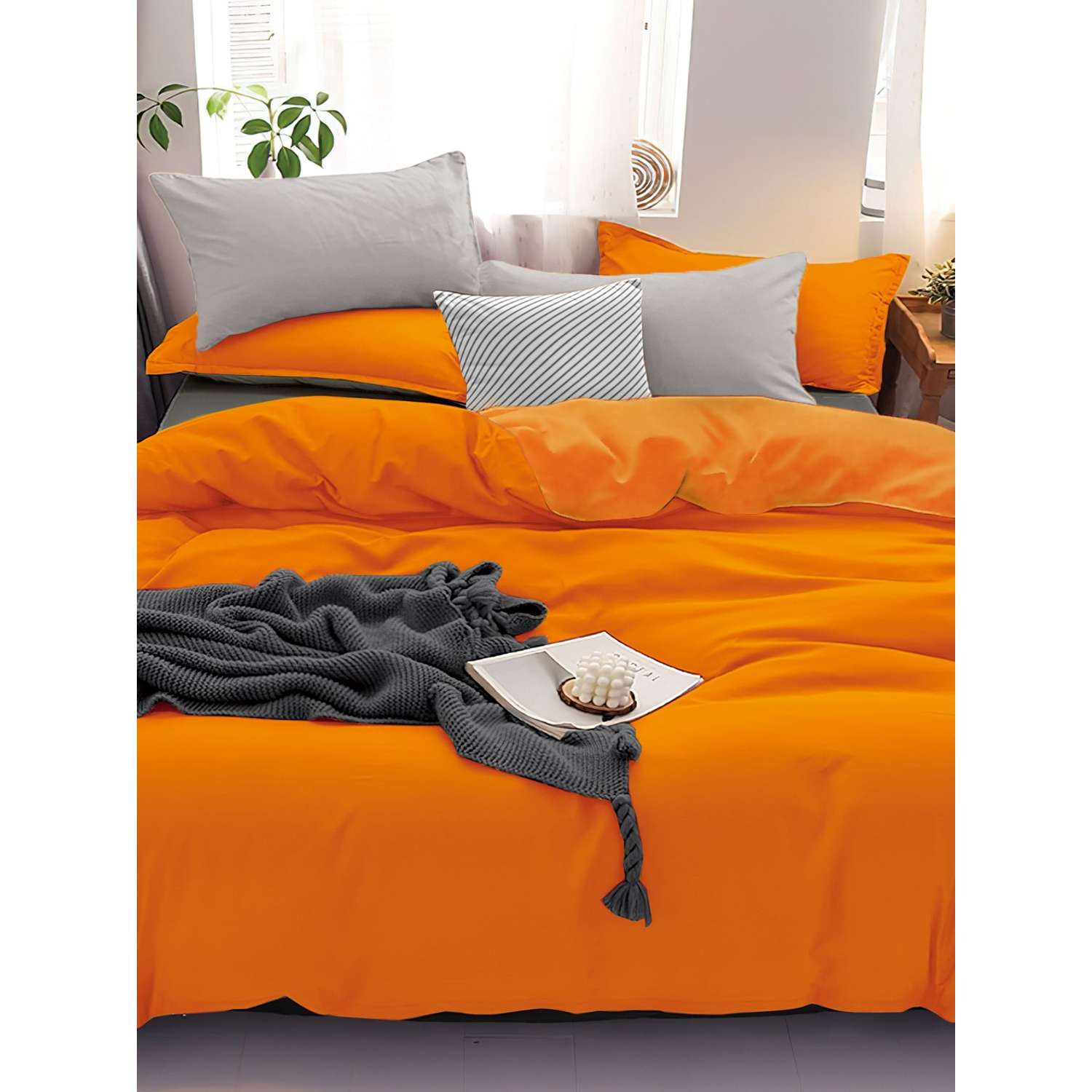 Комплект постельного белья PAVLine Манетти полисатин Евро оранжевый/серый S19 - фото 3