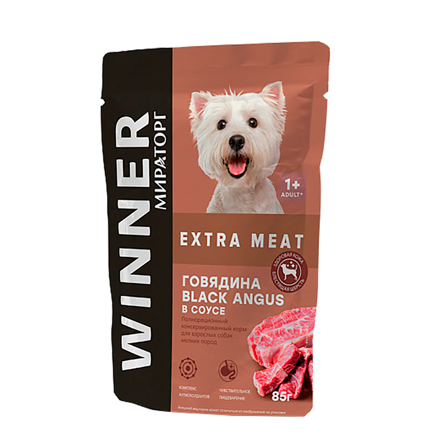 Корм консервированный WINNER полнорационный Extra Meat для взрослых собак мелких пород с говядиной в соусе 85 г - фото 1