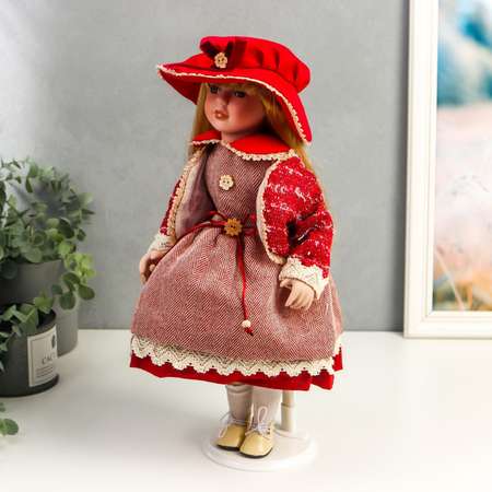 Кукла коллекционная Зимнее волшебство керамика «Машенька в коралловом платье и бордовом жакете» 40 см