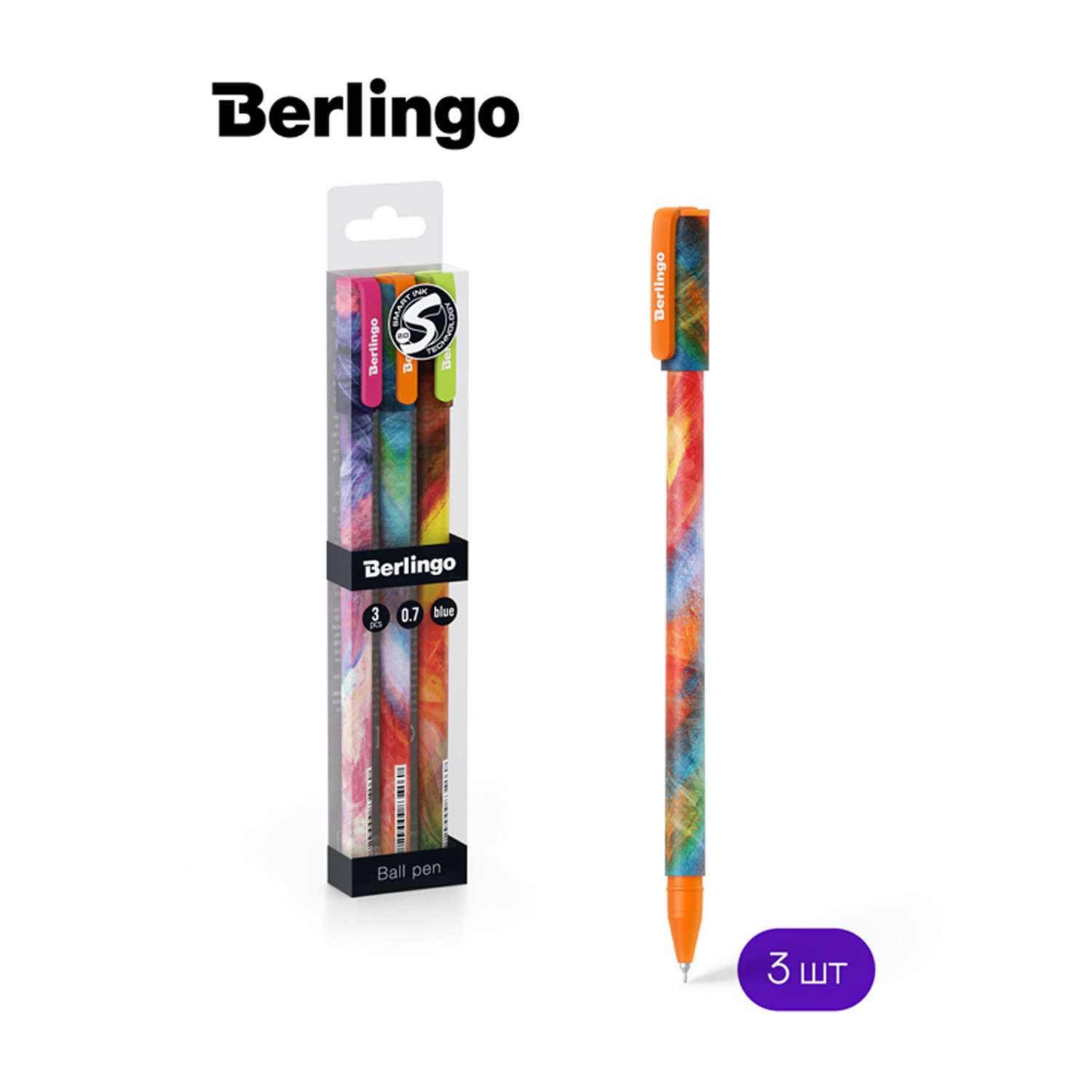 Ручка шариковая Berlingo Collision синяя 0.7 мм грип рисунок на корпусе 3 шт PET-бокс с европодвесом - фото 2