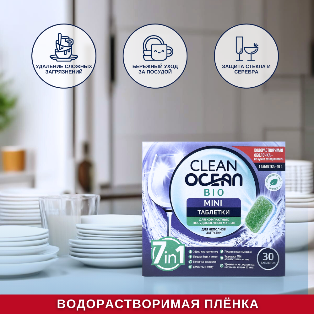 Мини таблетки Laboratory KATRIN Ocean Clean bio для посудомоечной машины в водорастворимой пленке 60шт - фото 5