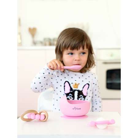 Набор для кормления Miyoumi Силиконовая тарелка на присоске + ложка Baby pink