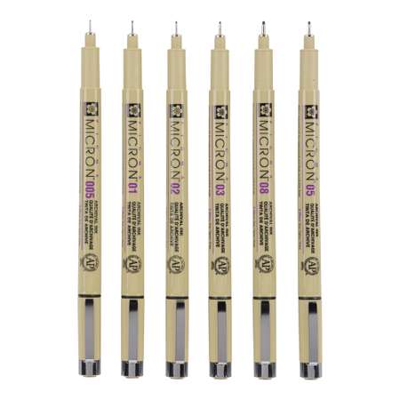 Набор капиллярных ручек Sakura Pigma Micron 6 штук 0.2мм 0.25мм 0.3мм 0.35мм 0.45мм 0.5мм цвет чернил черный