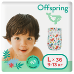 Подгузники Offspring L 9-13 кг 36 шт расцветка Котики