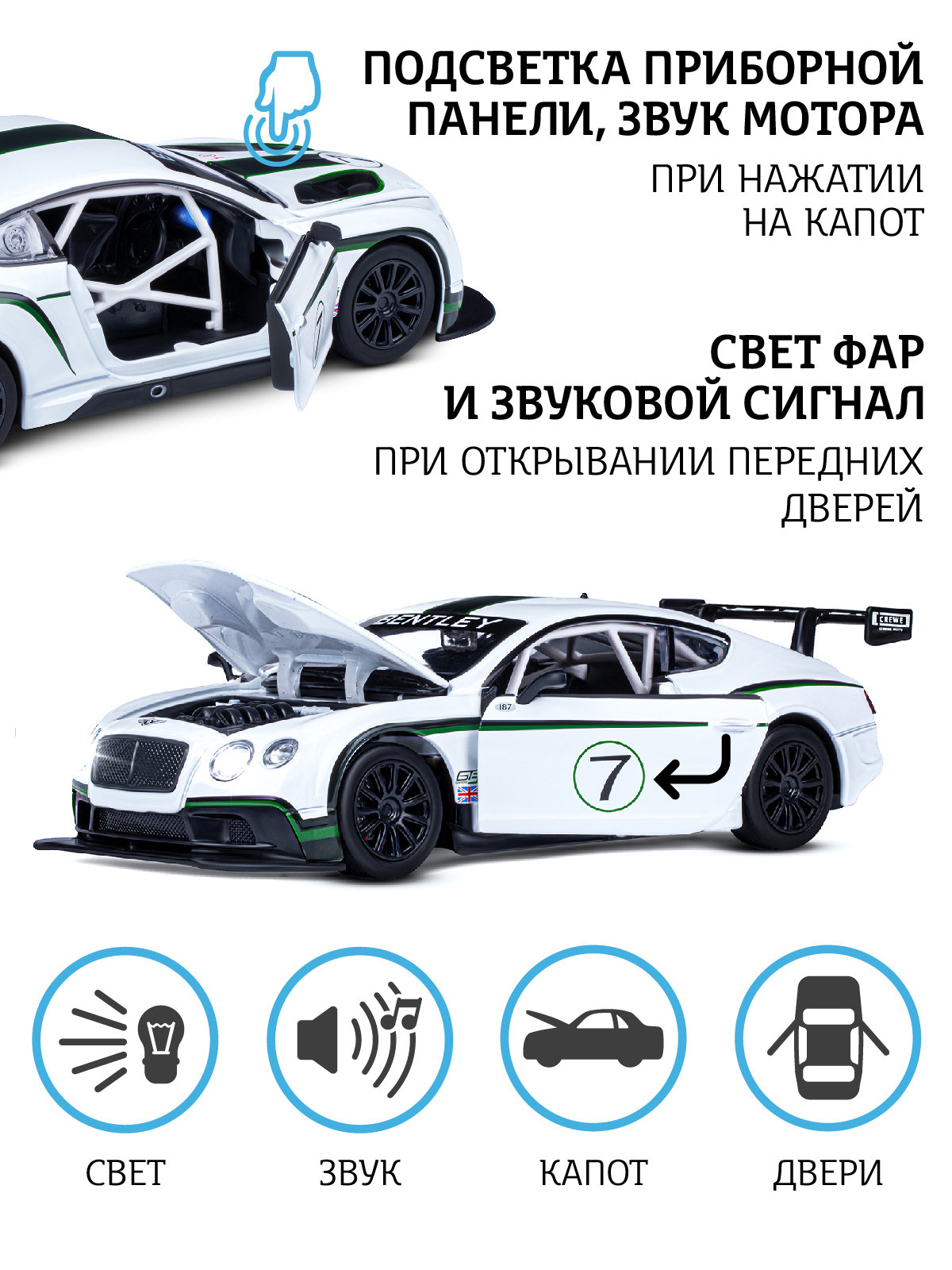 Автомобиль АВТОпанорама Bentley 1:24 инерционный белый JB1200125 - фото 2