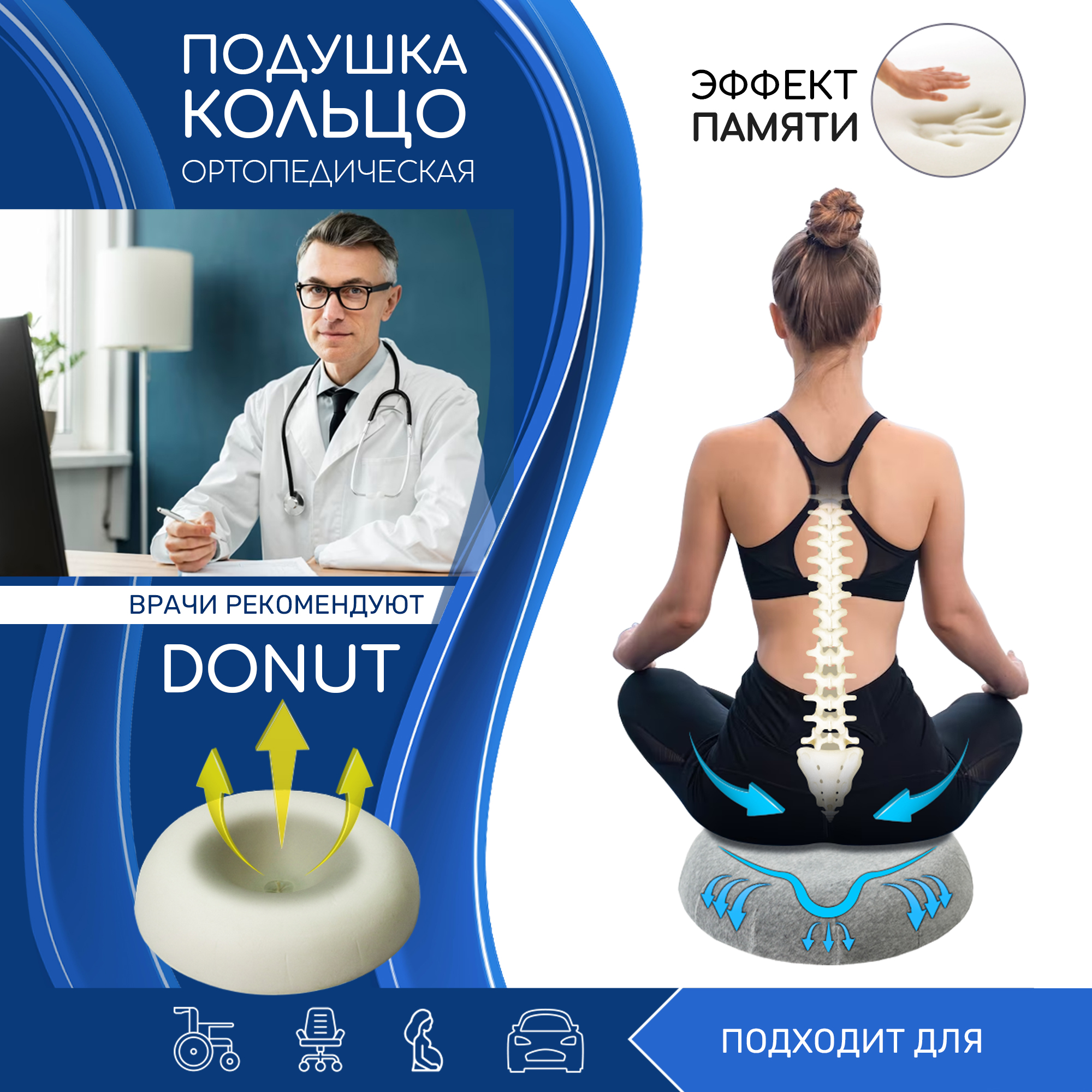 Подушка-кольцо AMARO HOME ортопедическая Donut 50х50х9 см серая - фото 2