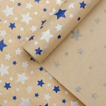 Бумага Айрис крафтовая упаковочная для подарков букетов Звезды 40г/м2 70 см 10 м синий серебро