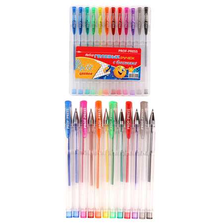 Ручки гелевые Prof-Press с блестками в блистере 12 цветов