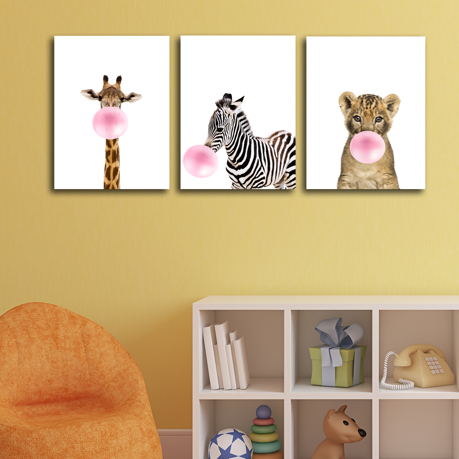 Комплект картин на холсте LOFTime Жираф зебра львенок с розовым пузырем 30*40 - фото 2