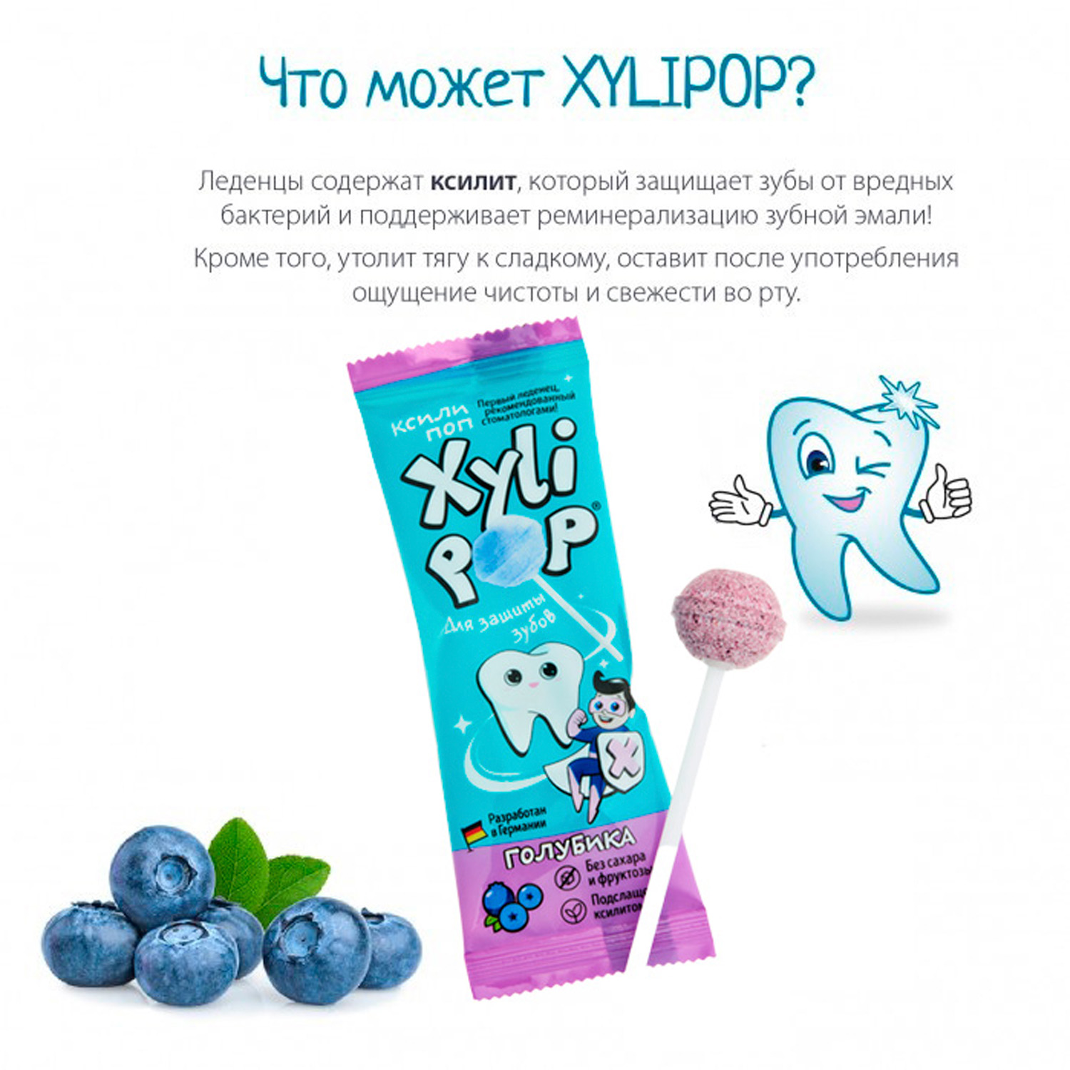 Леденцы на палочке miradent Xylipop без сахара со вкусом голубики 50шт - фото 2