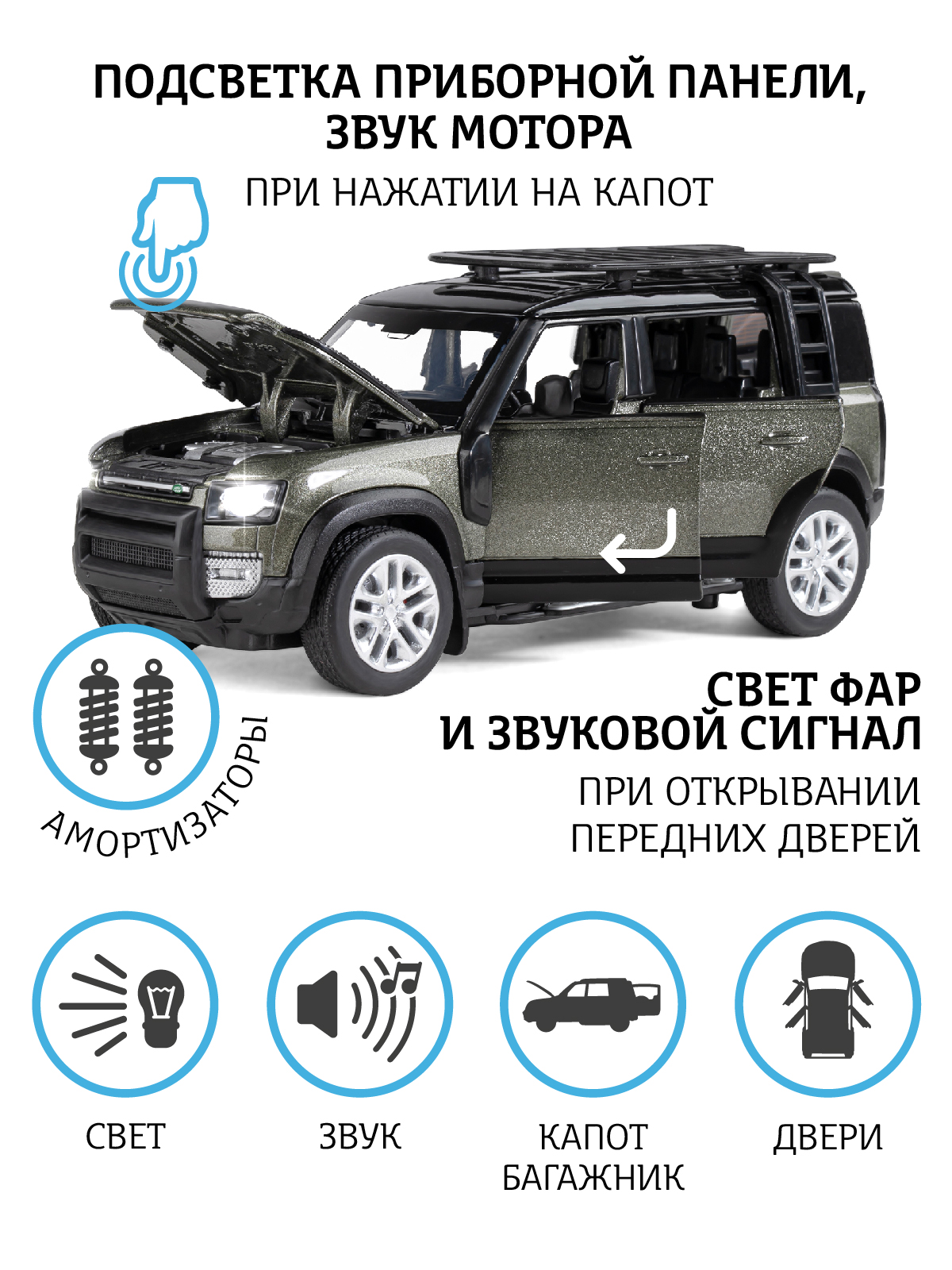 Машинка металлическая АВТОпанорама игрушка детская Land Rover Defender 110  1:32 зеленый купить по цене 1380 ₽ в интернет-магазине Детский мир