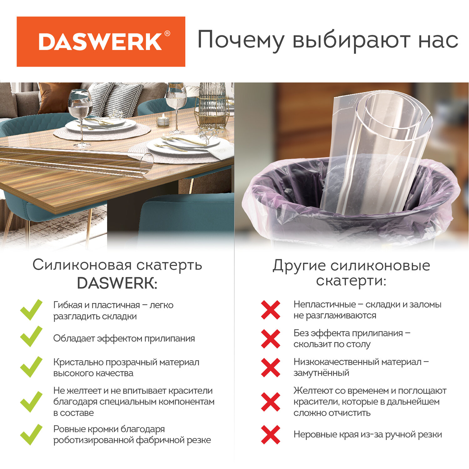 Скатерть ПВХ DASWERK силиконовая прозрачная клеенка 140х60 см - фото 12