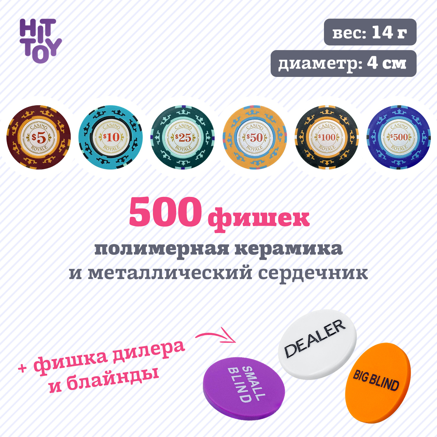 Покерный набор HitToy Casino Royal 500 фишек с номиналом в чемодане - фото 3