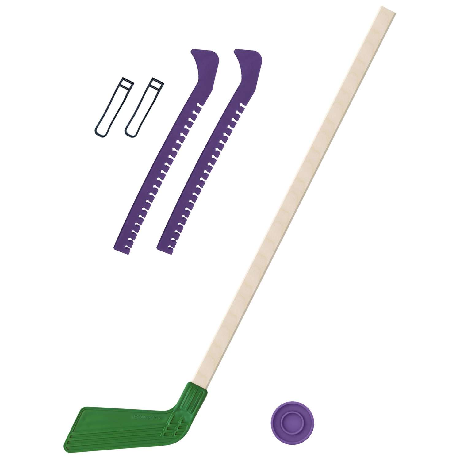 Набор для хоккея Задира Клюшка зелёная 80 см + шайба + Чехлы для коньков фиолетовые - фото 1