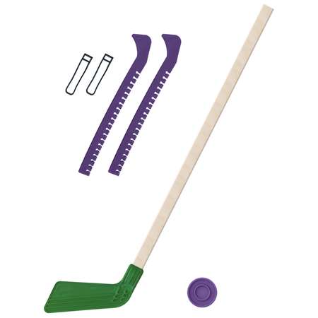 Набор для хоккея Задира Клюшка зелёная 80 см + шайба + Чехлы для коньков фиолетовые
