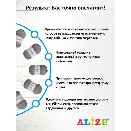 Пряжа для вязания Alize my baby 50 г 150 м акрил мягкая гипоаллергенная 196 угольно- серый меланж 5 мотков