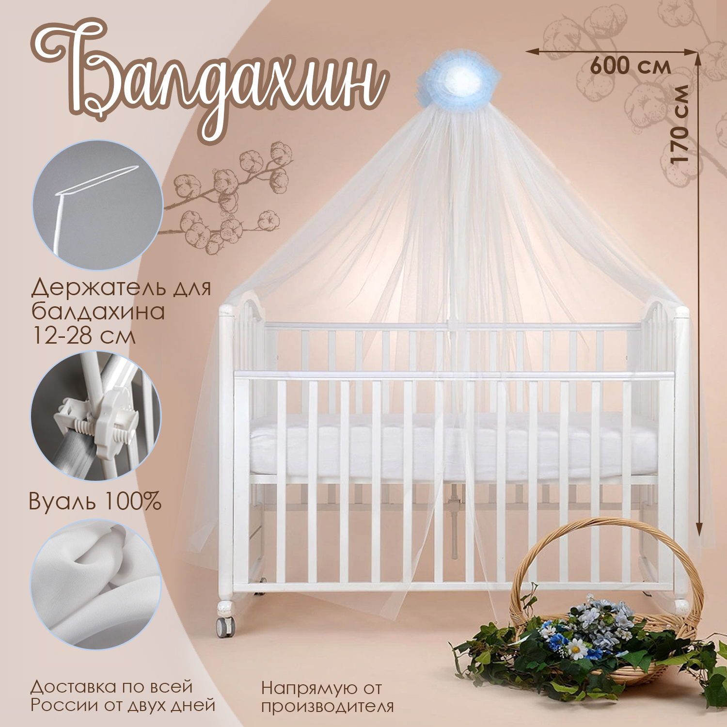 Набор для кроватки BABY STYLE балдахин голубой цветок и кронштейн - фото 2