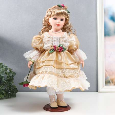 Кукла коллекционная Зимнее волшебство керамика «Нина в карамельном платье в цветочном венке» 40 см