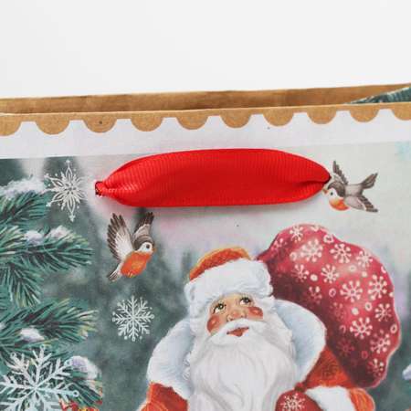Пакет Дарите Счастье крафтовый вертикальный «Дедушка мороз и зверята». MS 18×23×10 см