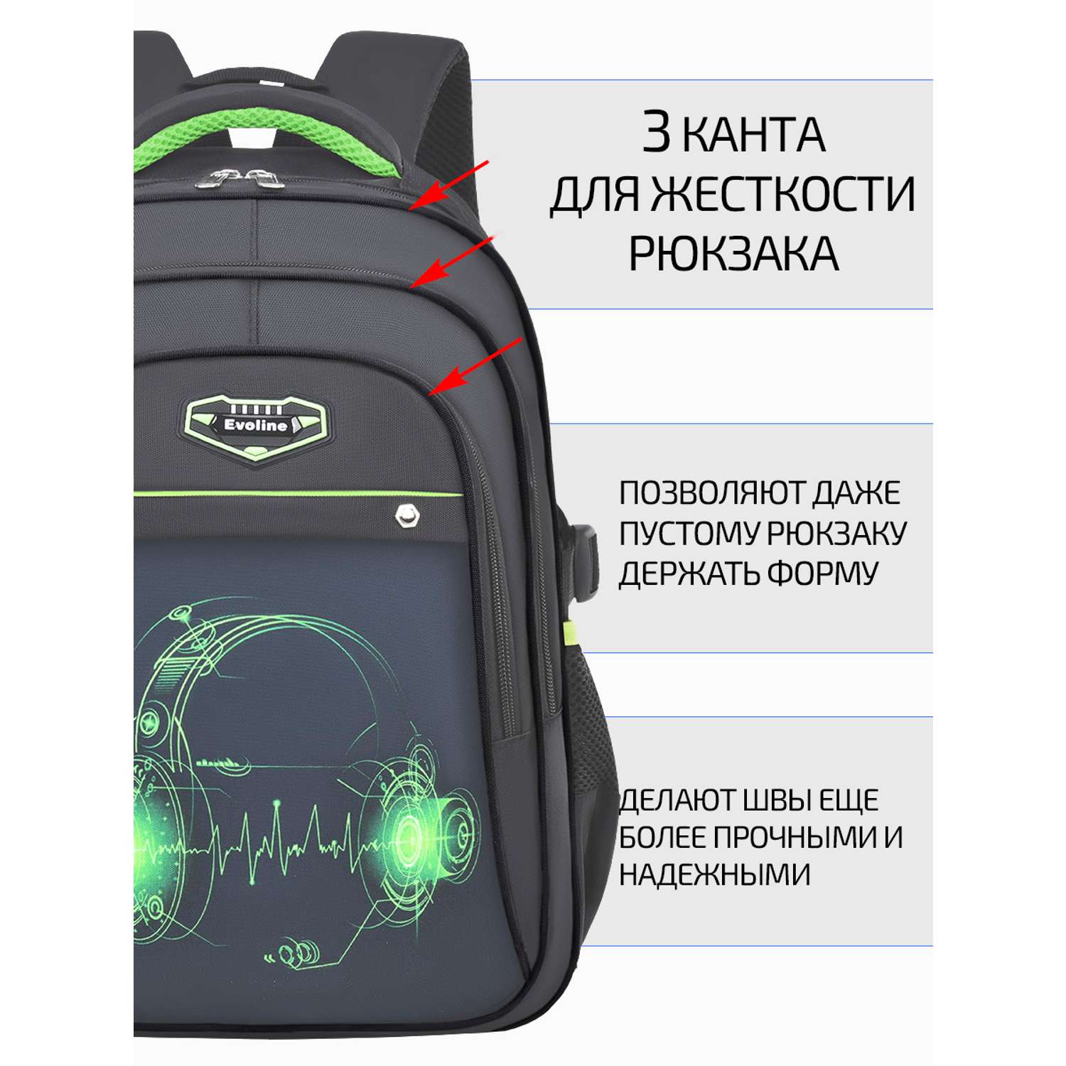 Рюкзак школьный Evoline Черный зеленые наушники 45см спинка EVO-headph-1 - фото 5