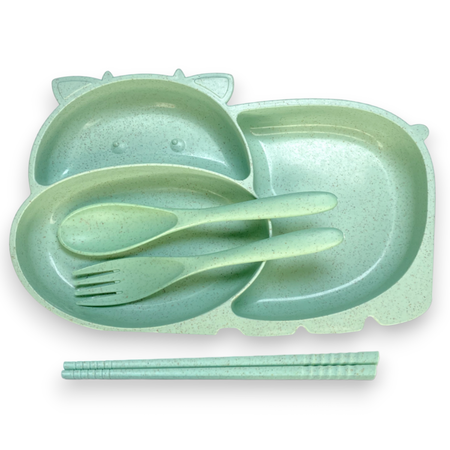 Набор детской посуды Добрый Филин Тарелка вилка ложка Коровка зеленая 4 предмета - фото 1
